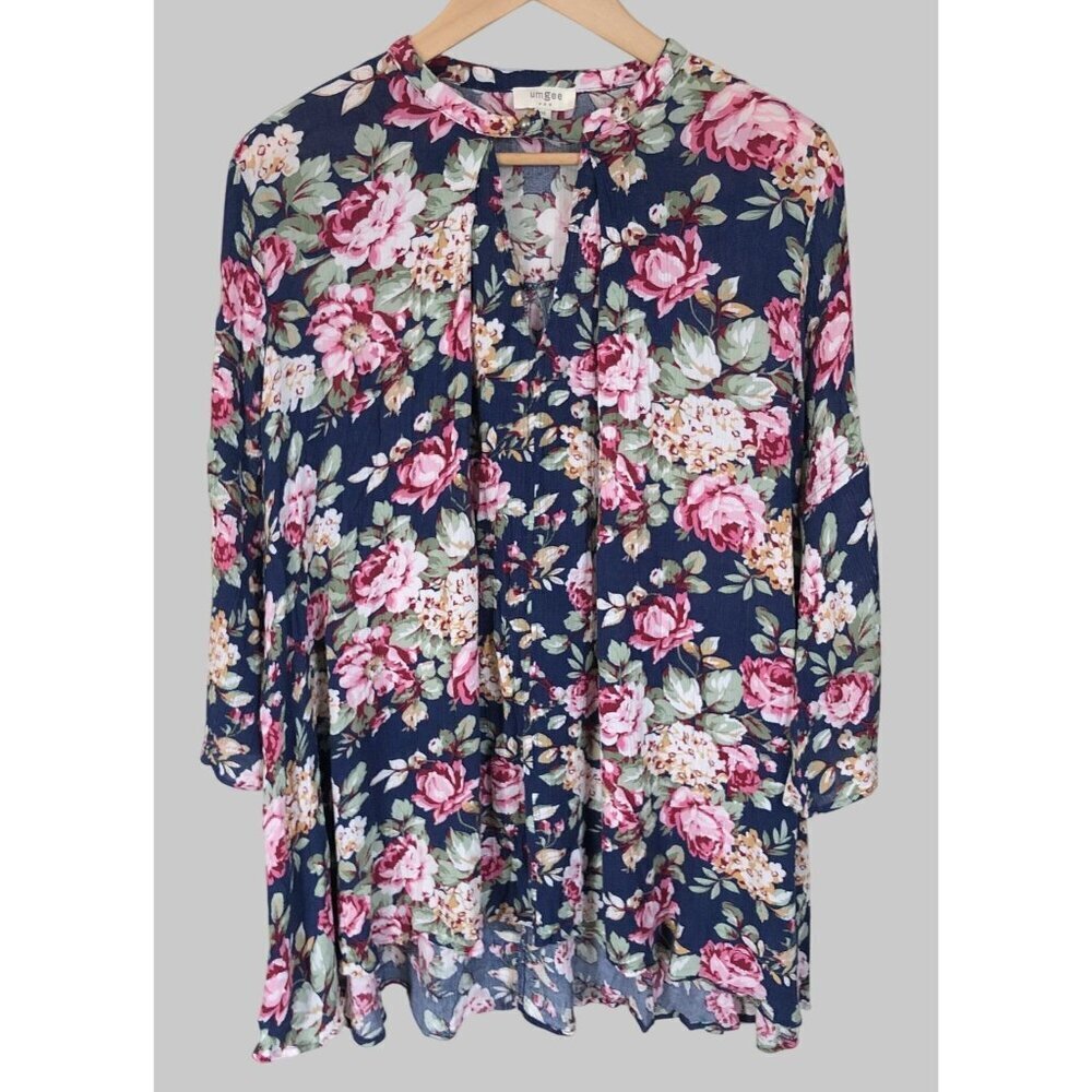 Umgee Floral Tunic Top Womens M 3/4 Flare Sleeve Oversized Bloomcore Cottage